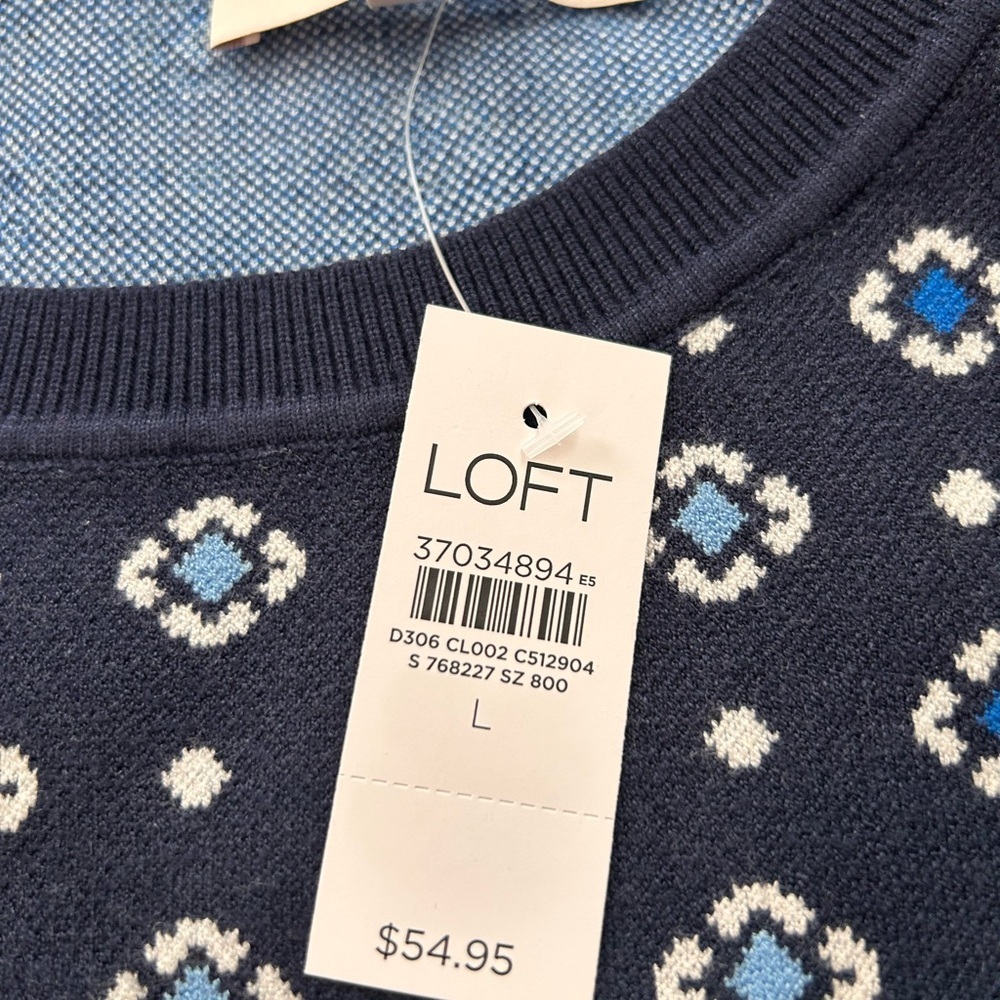 NWT Loft Navy w Blue & White Diamond Shaped Accents Sweater Vest V Neck

Size L - Picture 3 of 6